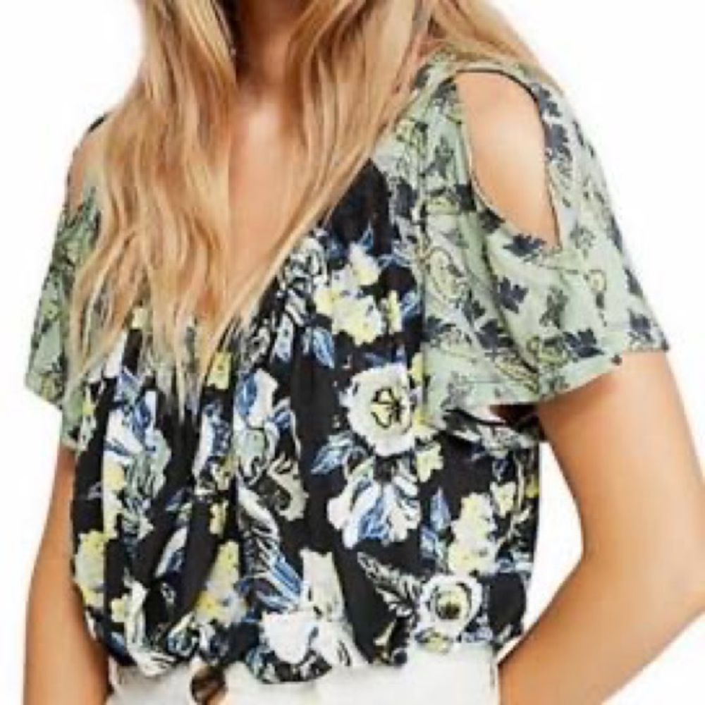 Free People Green Black Floral Paisley Short Sleeve Open Tie Vacation Blouse